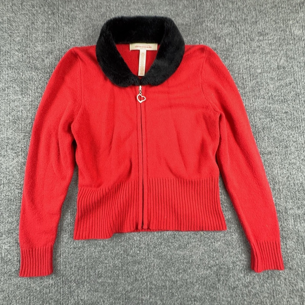 Canyon River Blues Sweater Girls 10-12 Red Full Zip Faux Fur Collar Heart Knit